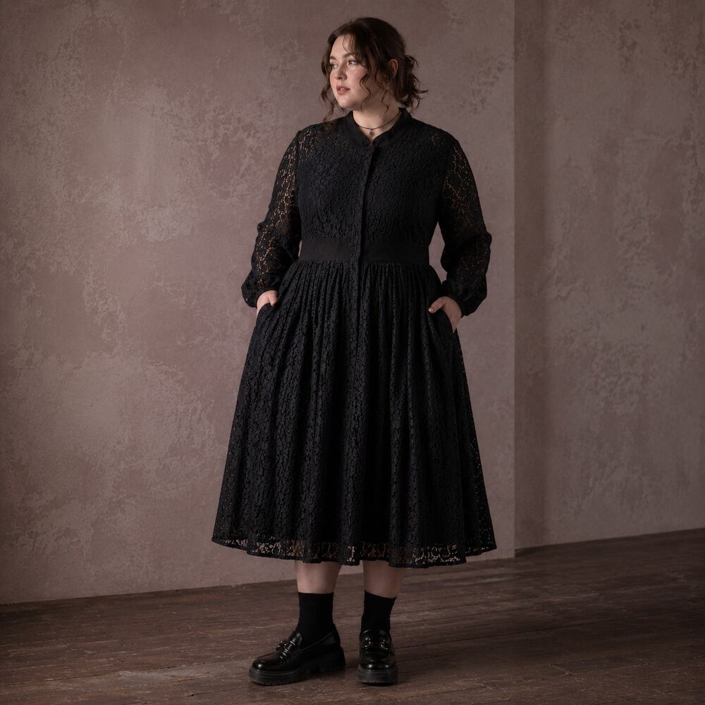 Girl With Curves x Lane Bryant Pleated Lace Midi Dress 28 Black Button Front